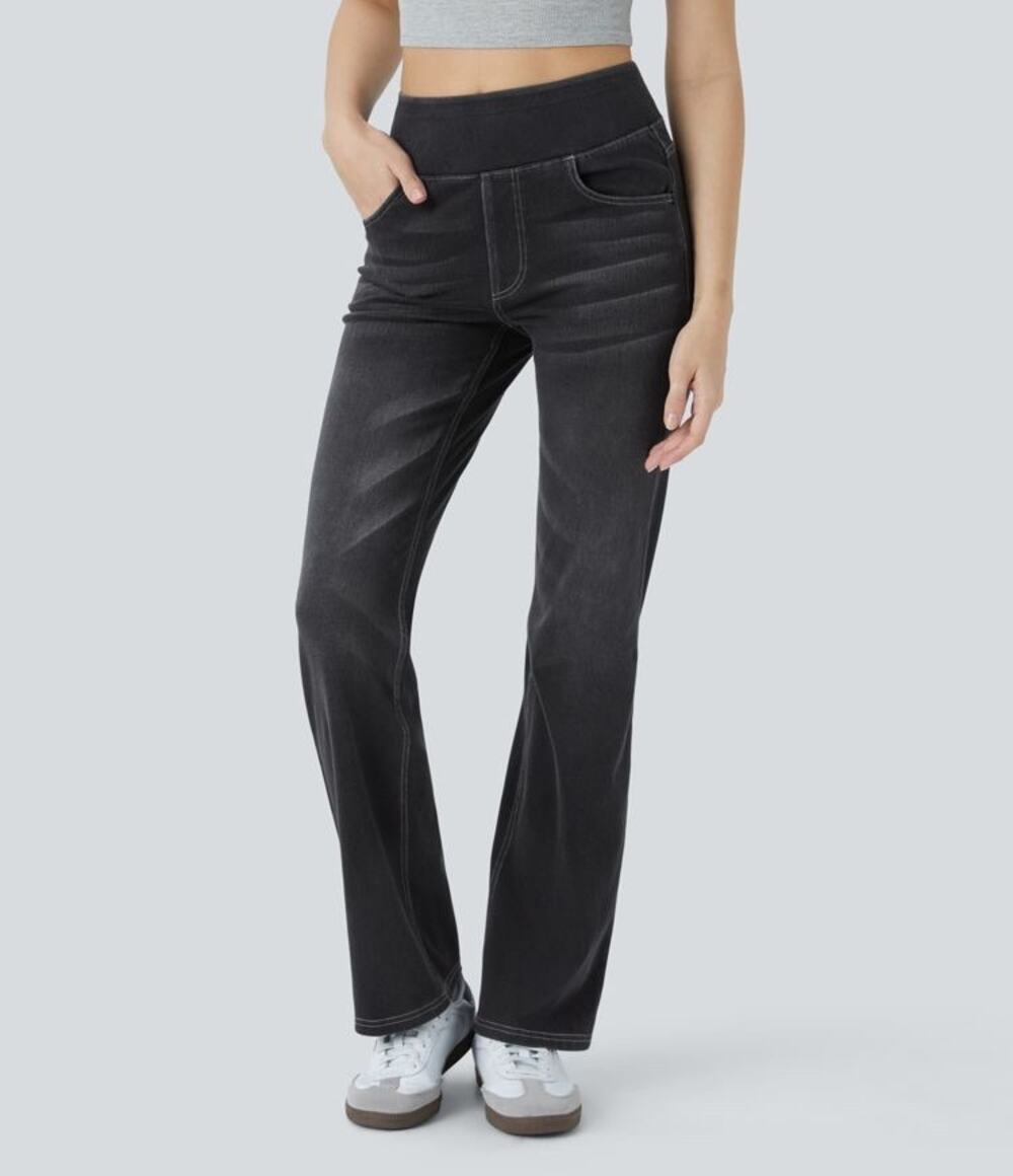Halara M Petite Flex High Waisted Baggy Wide Leg Stretchy Knit Denim Jeans NWT